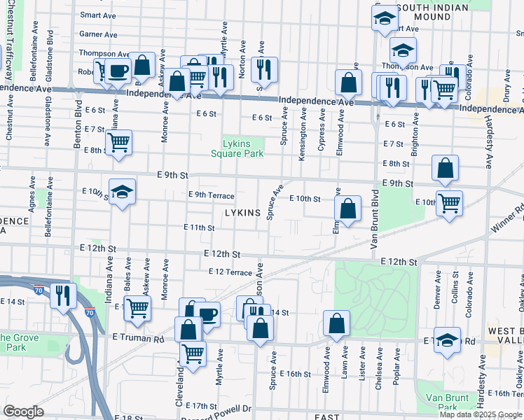 map of restaurants, bars, coffee shops, grocery stores, and more near 1001 Jackson Avenue in Kansas City