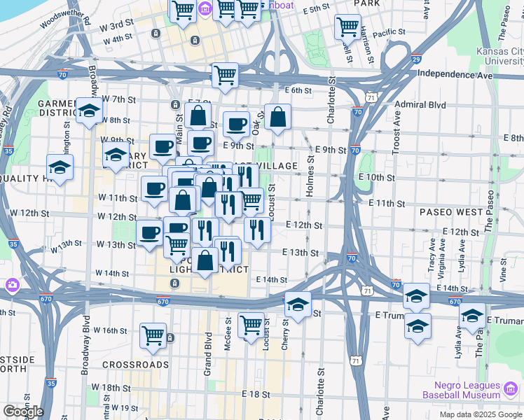 map of restaurants, bars, coffee shops, grocery stores, and more near 500 East 11th Street in Kansas City