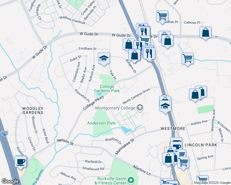 map of restaurants, bars, coffee shops, grocery stores, and more near 14 Clemson Court in Rockville