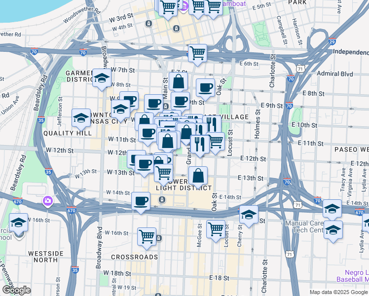 map of restaurants, bars, coffee shops, grocery stores, and more near 1120 Grand Boulevard in Kansas City