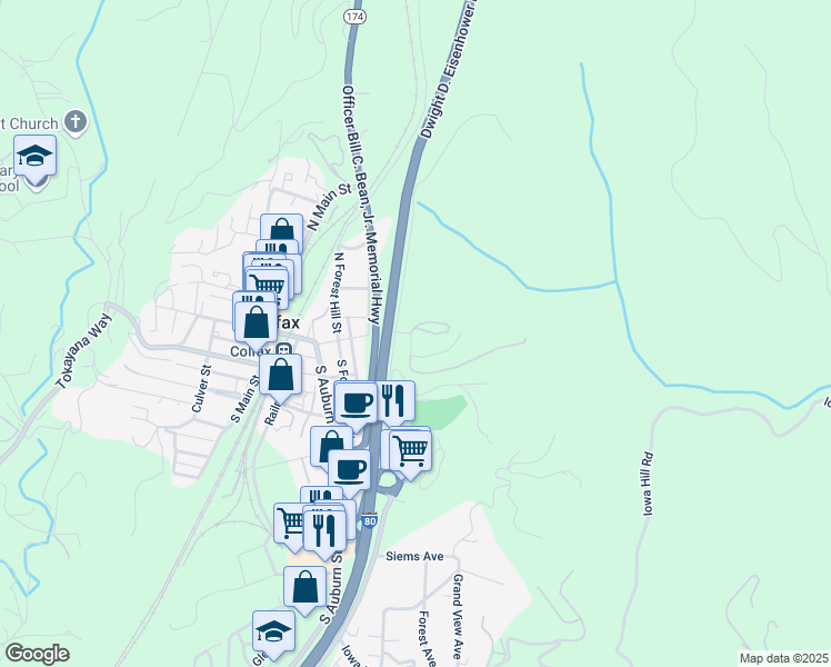 map of restaurants, bars, coffee shops, grocery stores, and more near 24640 View Cape Horn Avenue in Colfax