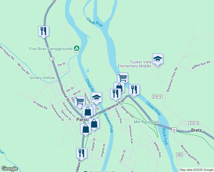 map of restaurants, bars, coffee shops, grocery stores, and more near 300-332 Pinecrest Dr in Parsons