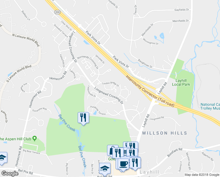 map of restaurants, bars, coffee shops, grocery stores, and more near 14921 Habersham Circle in Silver Spring