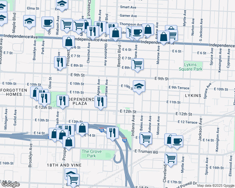 map of restaurants, bars, coffee shops, grocery stores, and more near 3198 East 11th Street in Kansas City