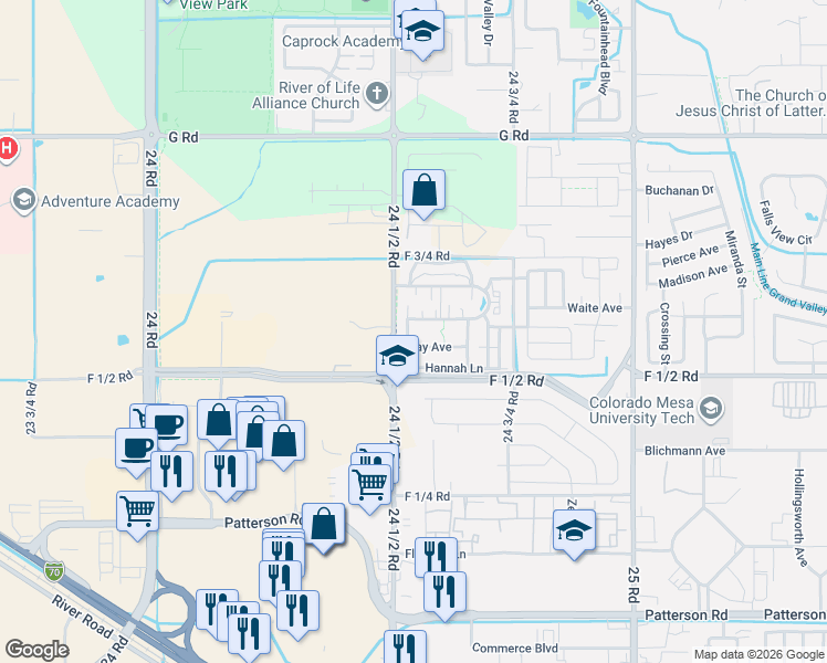 map of restaurants, bars, coffee shops, grocery stores, and more near 657 Serenity Lane in Grand Junction