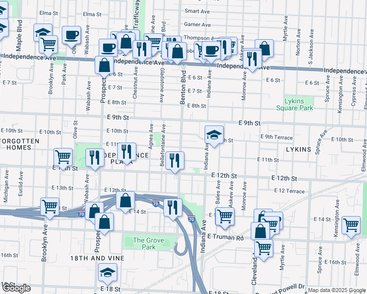 map of restaurants, bars, coffee shops, grocery stores, and more near 3202 East 11th Street in Kansas City