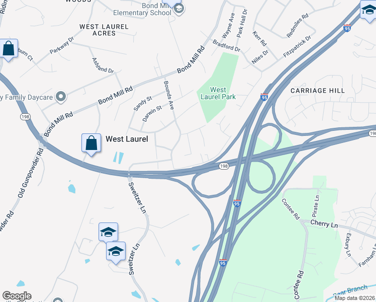 map of restaurants, bars, coffee shops, grocery stores, and more near 15408 Calshot Ct in Laurel