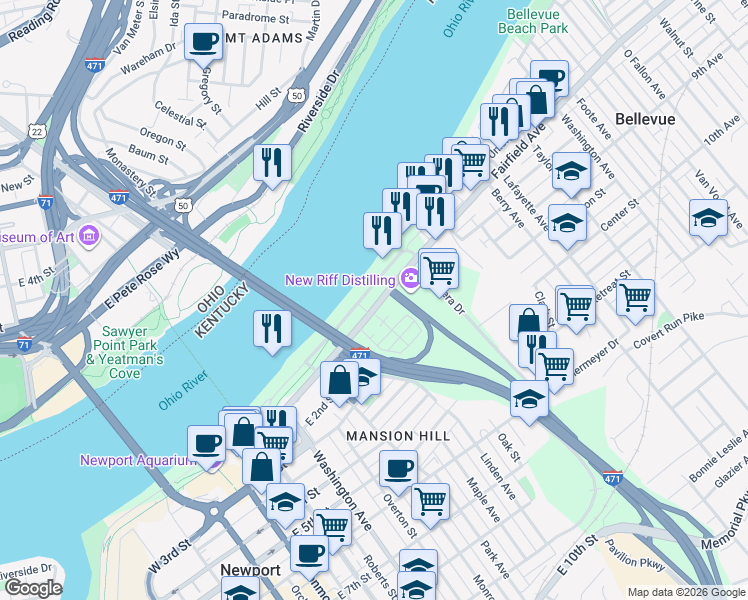 map of restaurants, bars, coffee shops, grocery stores, and more near 400 Riverboat Row in Newport