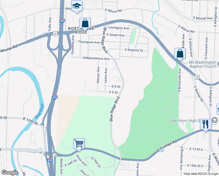 map of restaurants, bars, coffee shops, grocery stores, and more near 8801 East 8 Street in Kansas City
