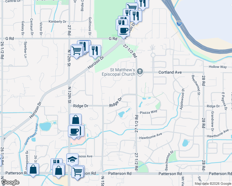 map of restaurants, bars, coffee shops, grocery stores, and more near 3612 Ridge Court in Grand Junction