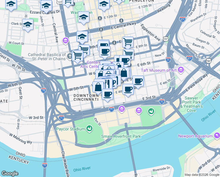 map of restaurants, bars, coffee shops, grocery stores, and more near 495 Vine Street in Cincinnati