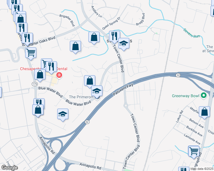 map of restaurants, bars, coffee shops, grocery stores, and more near 2025 Astilbe Way in Odenton