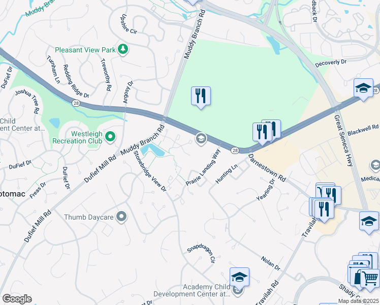 map of restaurants, bars, coffee shops, grocery stores, and more near 10603 Forest Landing Way in Rockville