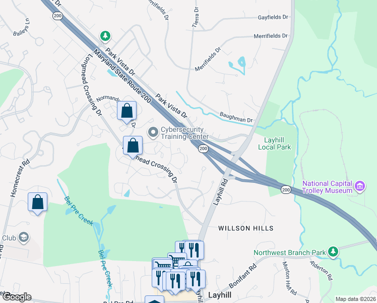 map of restaurants, bars, coffee shops, grocery stores, and more near 15043 Travert Way in Silver Spring