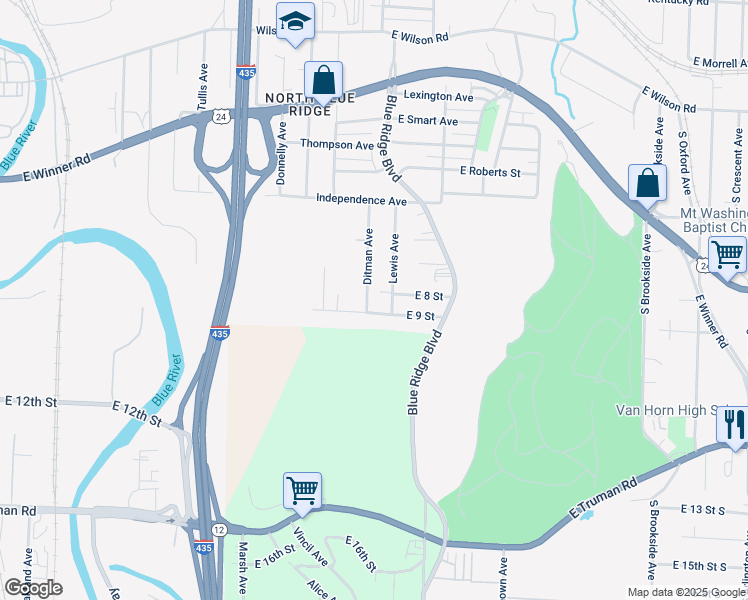 map of restaurants, bars, coffee shops, grocery stores, and more near 803 Ditman Avenue in Kansas City