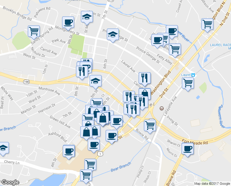 map of restaurants, bars, coffee shops, grocery stores, and more near 702 4th Street in Laurel