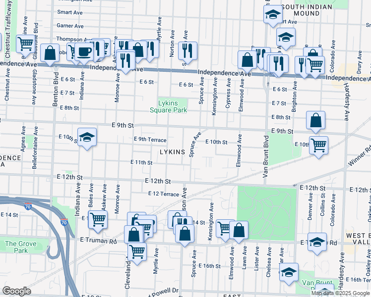 map of restaurants, bars, coffee shops, grocery stores, and more near 1001 Jackson Avenue in Kansas City