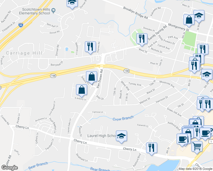 map of restaurants, bars, coffee shops, grocery stores, and more near 15308 Alan Dr in Laurel