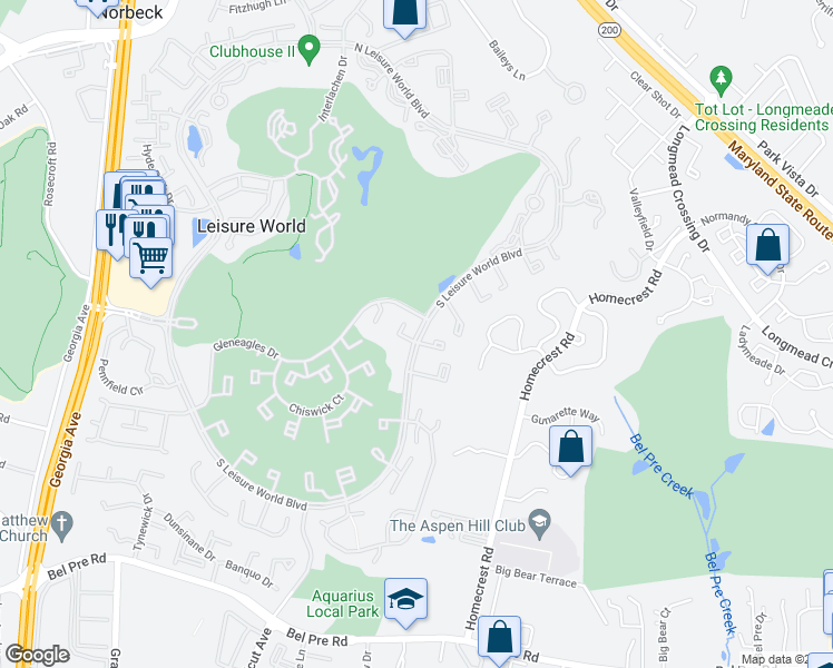 map of restaurants, bars, coffee shops, grocery stores, and more near 3269 South Leisure World Boulevard in Silver Spring