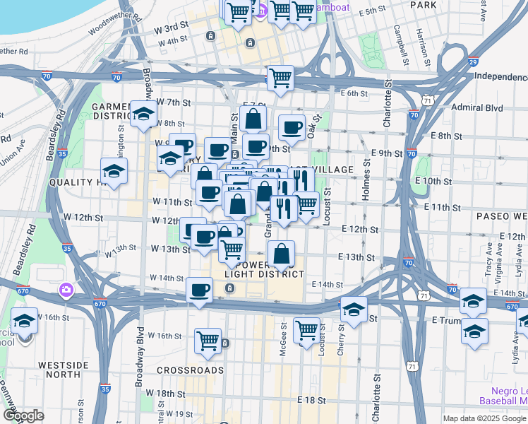 map of restaurants, bars, coffee shops, grocery stores, and more near 1120 Grand Boulevard in Kansas City