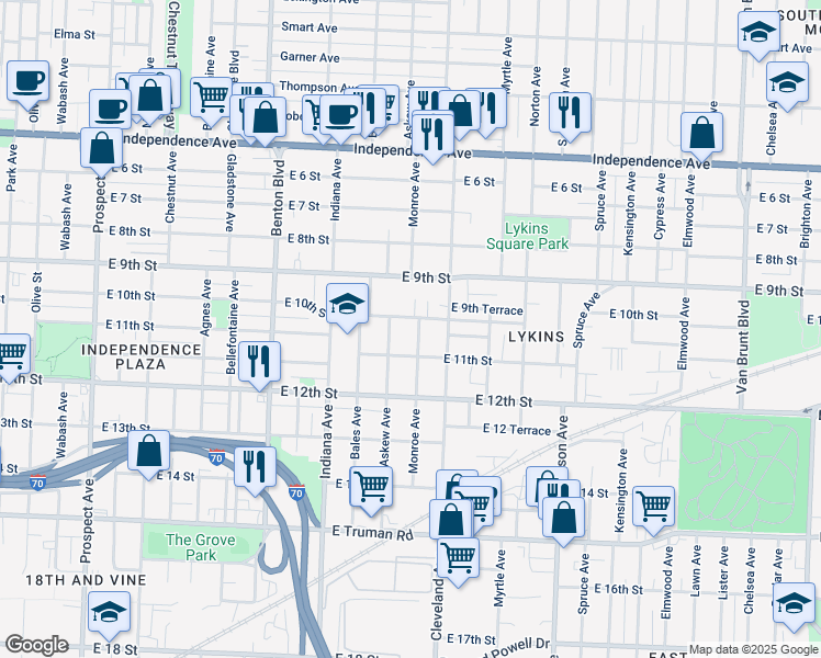 map of restaurants, bars, coffee shops, grocery stores, and more near 1008 Monroe Avenue in Kansas City