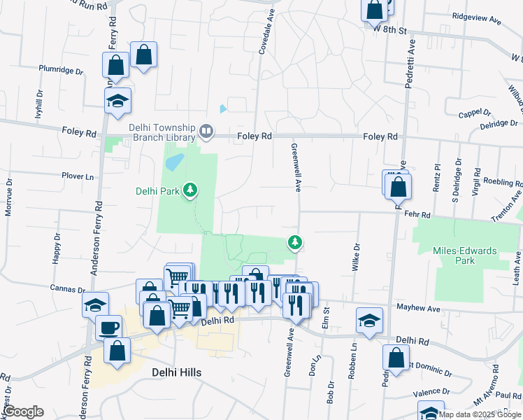map of restaurants, bars, coffee shops, grocery stores, and more near 4975 Donlar Avenue in Cincinnati