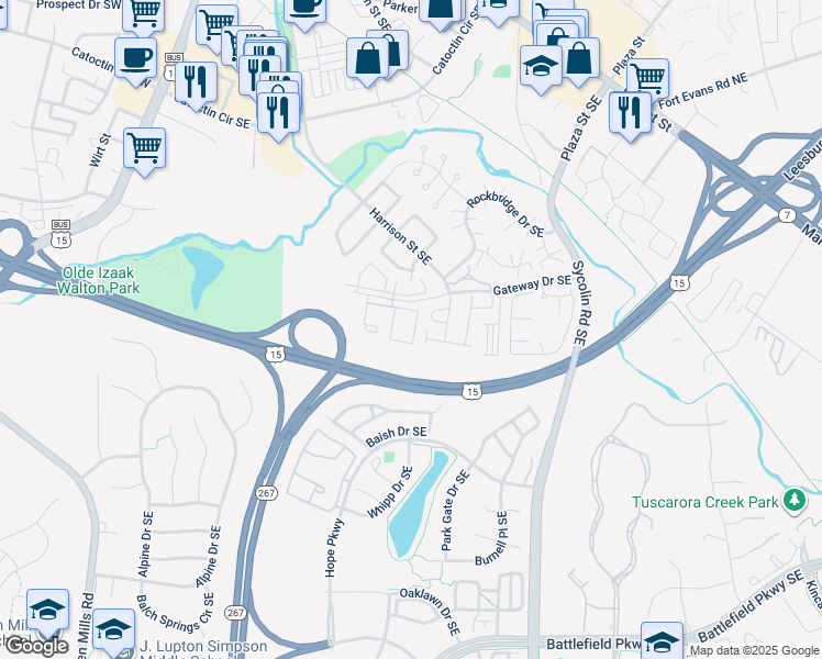 map of restaurants, bars, coffee shops, grocery stores, and more near 635 Constellation Square Southeast in Leesburg
