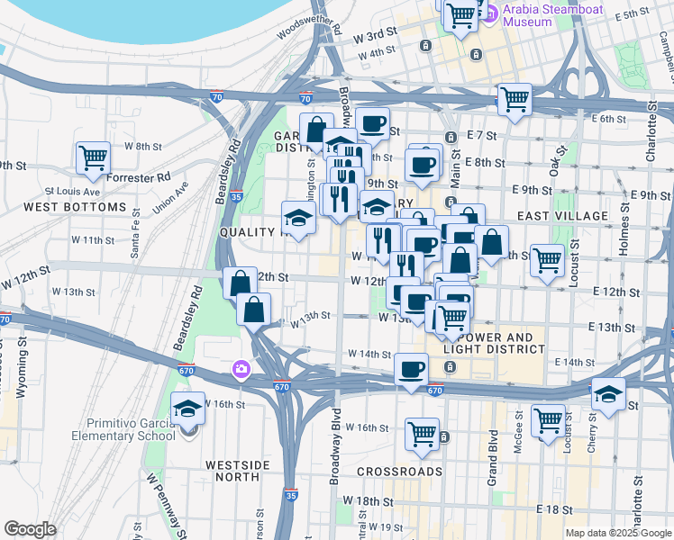 map of restaurants, bars, coffee shops, grocery stores, and more near 1112 Broadway Boulevard in Kansas City
