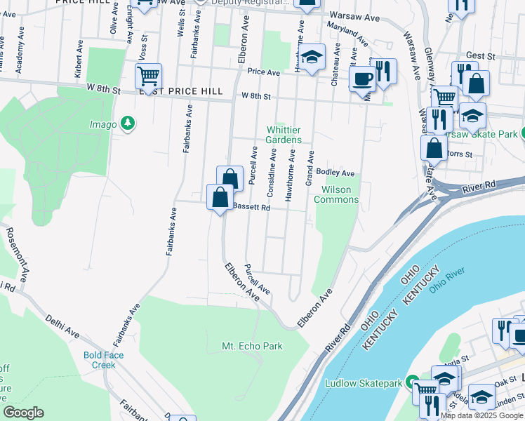map of restaurants, bars, coffee shops, grocery stores, and more near 483 Considine Avenue in Cincinnati