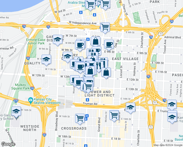 map of restaurants, bars, coffee shops, grocery stores, and more near 1130 Walnut Street in Kansas City
