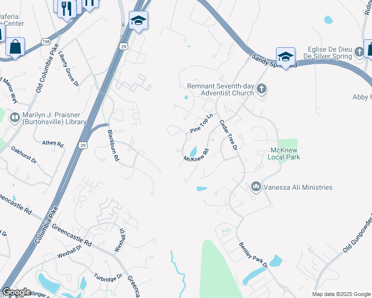 map of restaurants, bars, coffee shops, grocery stores, and more near 14812 McKnew Road in Burtonsville
