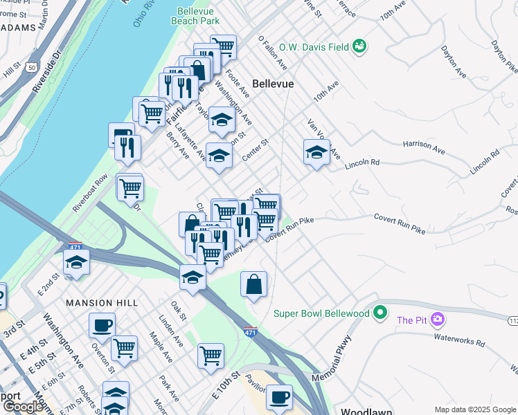 map of restaurants, bars, coffee shops, grocery stores, and more near 214 Retreat Street in Bellevue