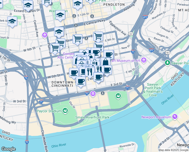 map of restaurants, bars, coffee shops, grocery stores, and more near 14 East 4th Street in Cincinnati