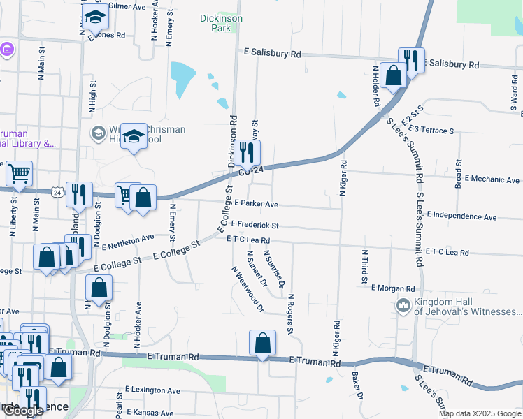 map of restaurants, bars, coffee shops, grocery stores, and more near 1105 East Parker Avenue in Independence