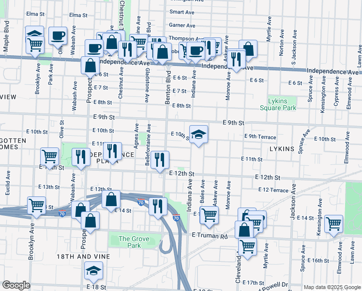 map of restaurants, bars, coffee shops, grocery stores, and more near 3216 East 11th Street in Kansas City