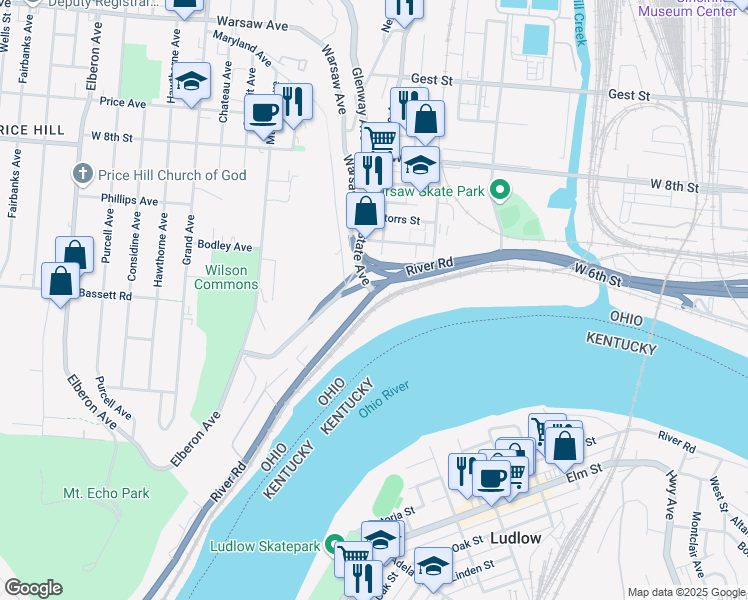 map of restaurants, bars, coffee shops, grocery stores, and more near 1675 River Road in Cincinnati