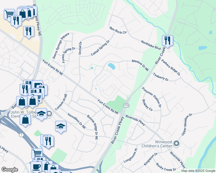 map of restaurants, bars, coffee shops, grocery stores, and more near 1726 Moultrie Terrace Northeast in Leesburg