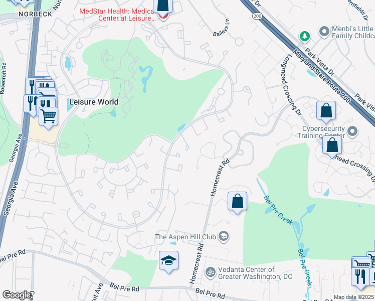 map of restaurants, bars, coffee shops, grocery stores, and more near 3117 Farnborough Court in Silver Spring