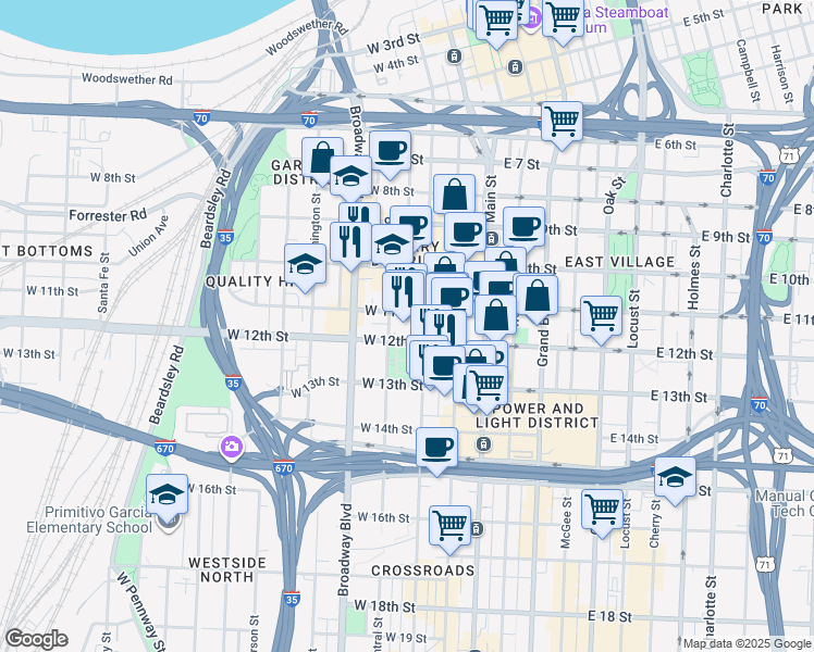 map of restaurants, bars, coffee shops, grocery stores, and more near 1198 Central Street in Kansas City