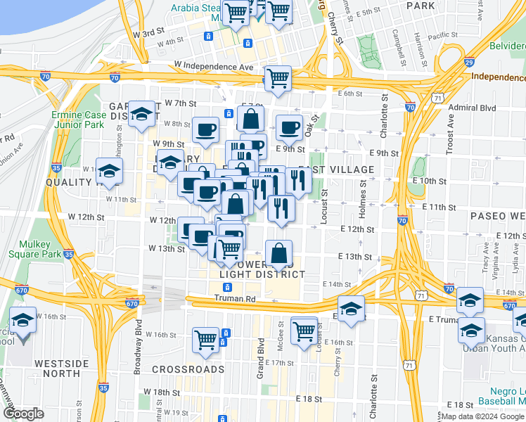 map of restaurants, bars, coffee shops, grocery stores, and more near 1120 Grand Boulevard in Kansas City