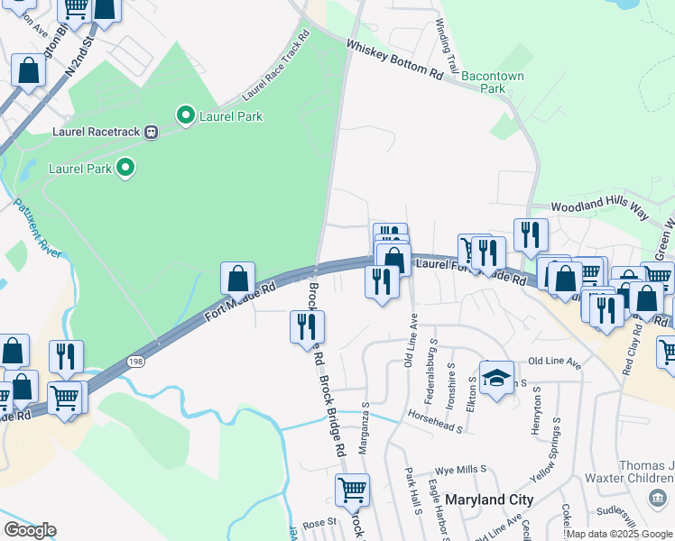 map of restaurants, bars, coffee shops, grocery stores, and more near 3563 Fort Meade Road in Laurel