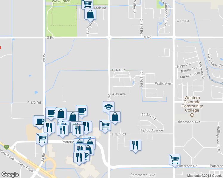 map of restaurants, bars, coffee shops, grocery stores, and more near 657 Serenity Lane in Grand Junction