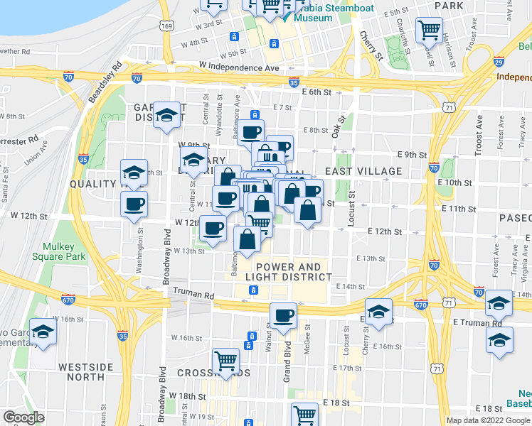 map of restaurants, bars, coffee shops, grocery stores, and more near 1100 Walnut Street in Kansas City
