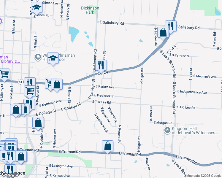 map of restaurants, bars, coffee shops, grocery stores, and more near 1105 East Parker Avenue in Independence
