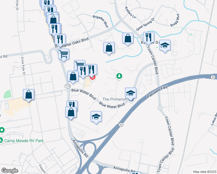 map of restaurants, bars, coffee shops, grocery stores, and more near 301 Eagles Landing Court in Odenton