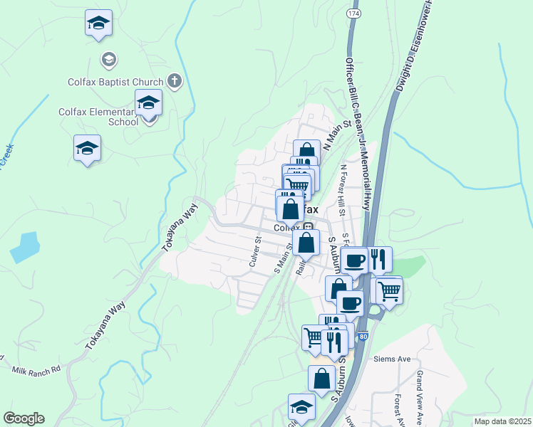 map of restaurants, bars, coffee shops, grocery stores, and more near 10 Culver Street in Colfax