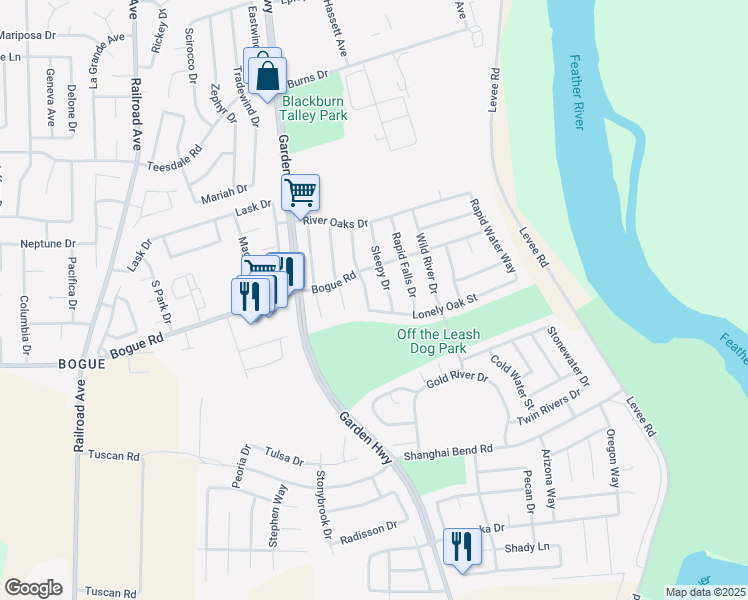 map of restaurants, bars, coffee shops, grocery stores, and more near 1963 White Oak Drive in Yuba City