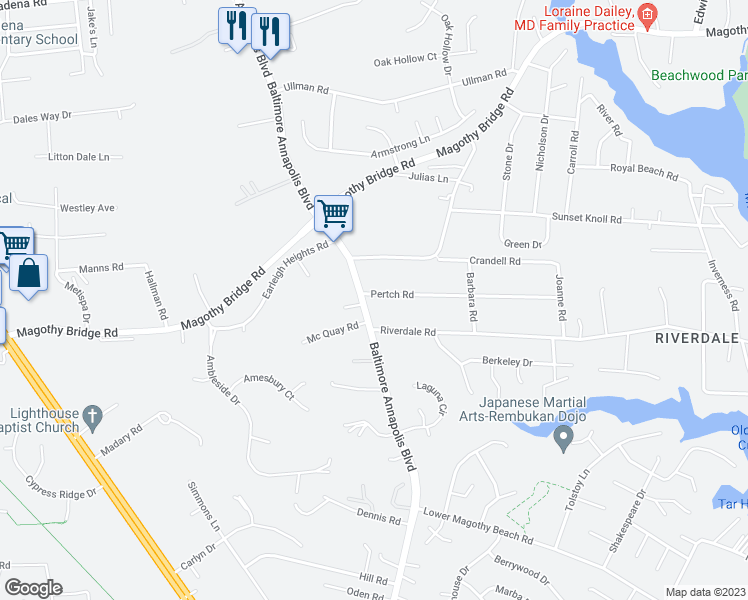 map of restaurants, bars, coffee shops, grocery stores, and more near 247 Pertch Road in Severna Park