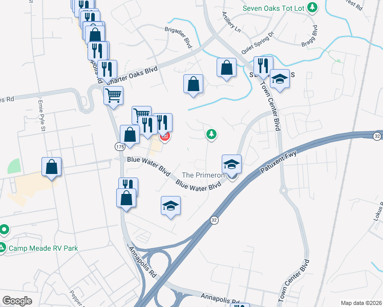 map of restaurants, bars, coffee shops, grocery stores, and more near 319 Eagles Landing Court in Odenton