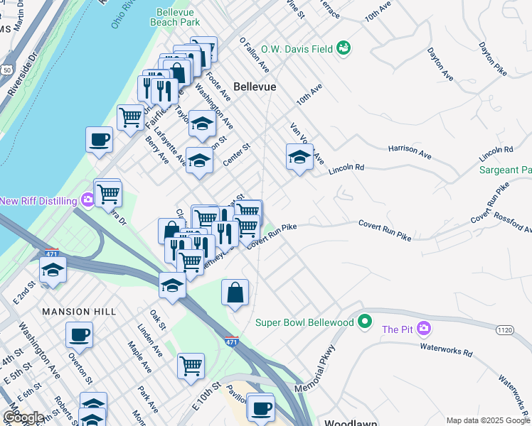 map of restaurants, bars, coffee shops, grocery stores, and more near 535 Taylor Avenue in Bellevue
